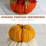Stacked crochet pumpkins in orange, white, and yellow with decorative leaves create a charming centerpiece. Use our crochet pumpkin pattern to craft your own festive display.