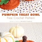 This charming crocheted pumpkin treat bowl, crafted with an intricate crochet pumpkin pattern, features a removable lid and is filled with candy, beautifully displayed on a patterned surface.