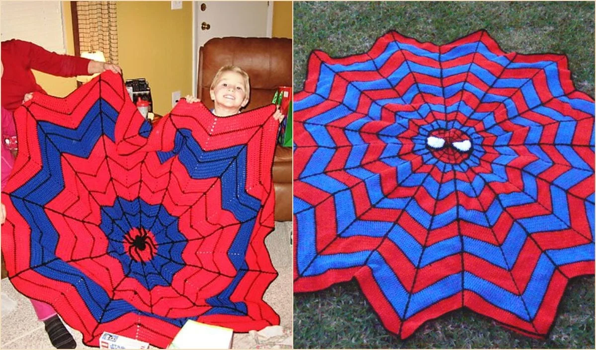 A child holds a red, blue, and black spiderweb-patterned blanket, reminiscent of a cozy crochet pumpkin pattern; an identical one is spread out on the grass.