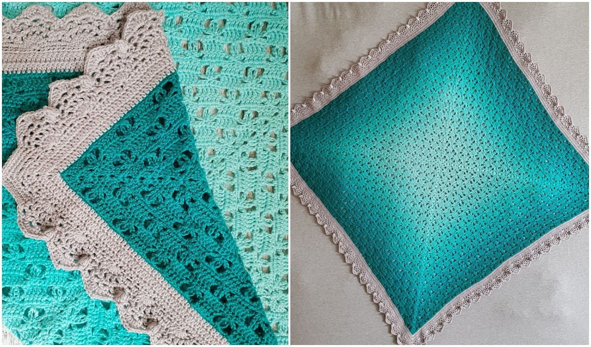 A crocheted baby blanket with a green and teal gradient pattern and a beige scalloped border, shown folded and laid flat. Perfect for those seeking free crochet patterns to create something cozy.