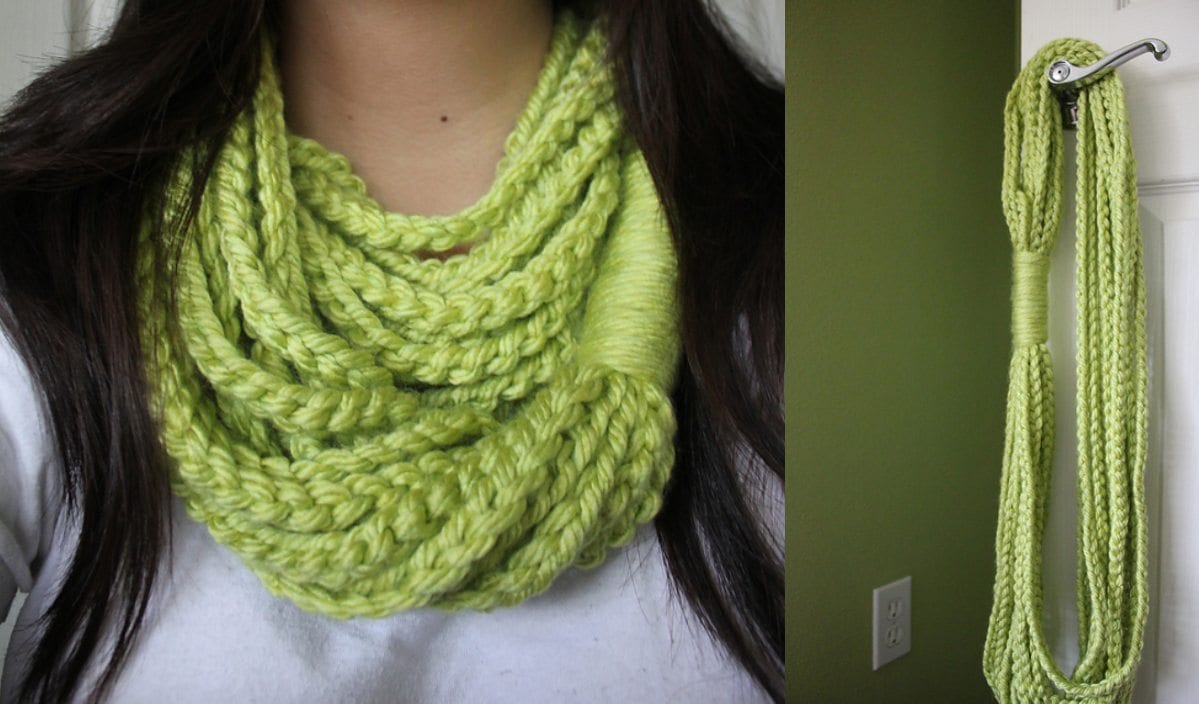 A green circle scarf, expertly crocheted, adorns a person on the left while elegantly hanging on a hook to the right.