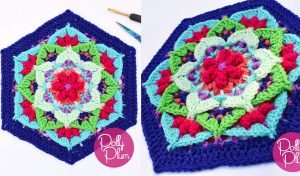 A colorful hexagonal crochet piece featuring a floral pattern with layers of pink, green, blue, and red. Perfect for a longer cardigan crochet pattern, it includes a logo reading "Polly Plum" in the corner.