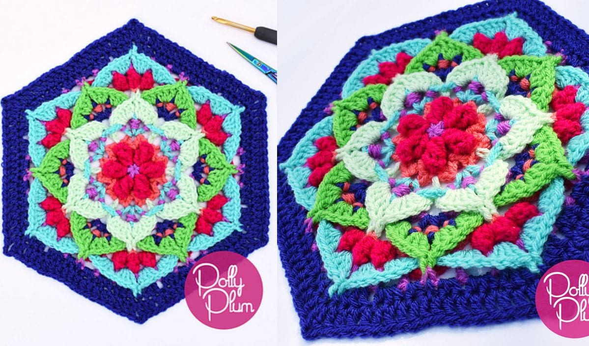 A colorful hexagonal crochet piece featuring a floral pattern with layers of pink, green, blue, and red. Perfect for a longer cardigan crochet pattern, it includes a logo reading "Polly Plum" in the corner.