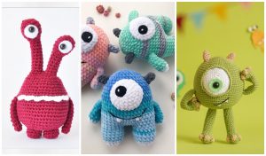 Three charming crochet monsters: a red one with two stalk eyes, three small colorful creatures each boasting a single eye and horns, and a green one-eyed monster adorned with horns, all set against vibrant backgrounds.