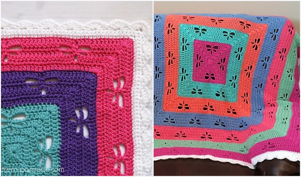 Discover this vibrant crochet blanket, featuring striking geometric patterns in pink, purple, teal, orange, and blue. Its elegant white scalloped border adds a timeless touch. With free crochet patterns included, this design comes to life, perfect for crafting your own dragonfly blanket masterpiece.