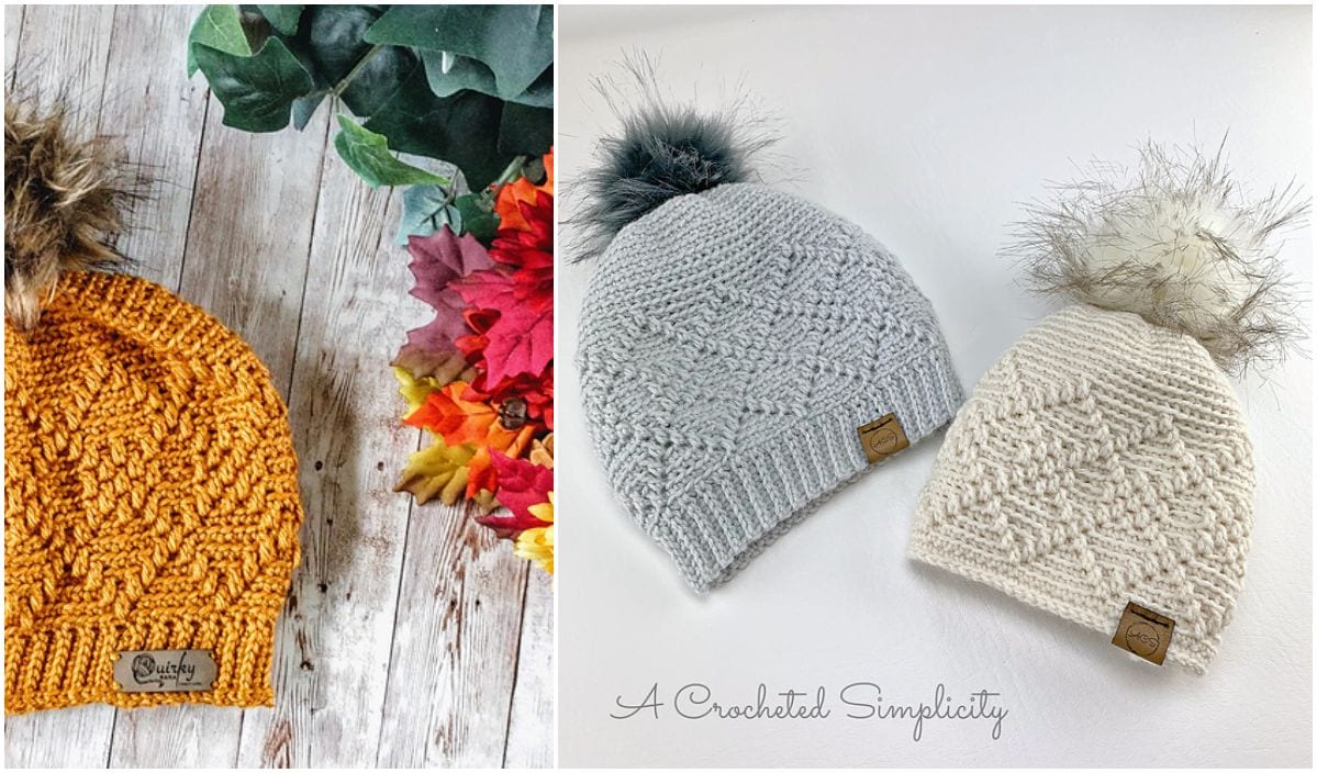 Two crocheted beanies with pom-poms on display; one mustard beside autumn leaves, the other gray and cream on a white background, each featuring a leather tag. Discover these crochet patterns to create your own stylish beanie collection.