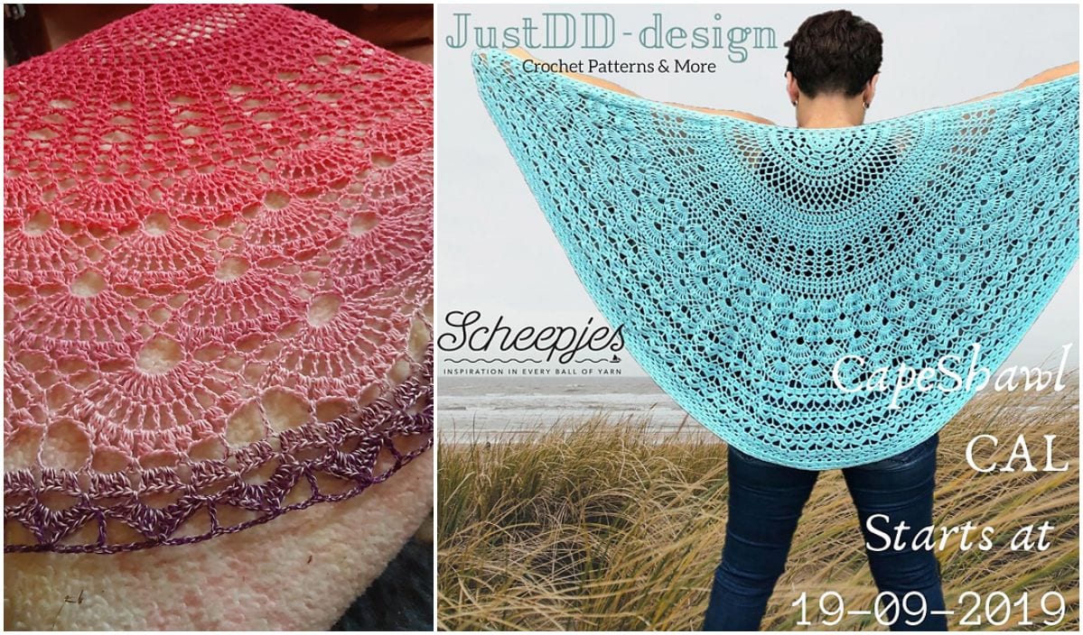 Two crochet shawls: a close-up of a pink lace pattern on the left, and a person holding a blue lace shawl spread out on the right. Discover free crochet patterns and join our crochet-along starting 19-09-2019 for more beautiful creations.