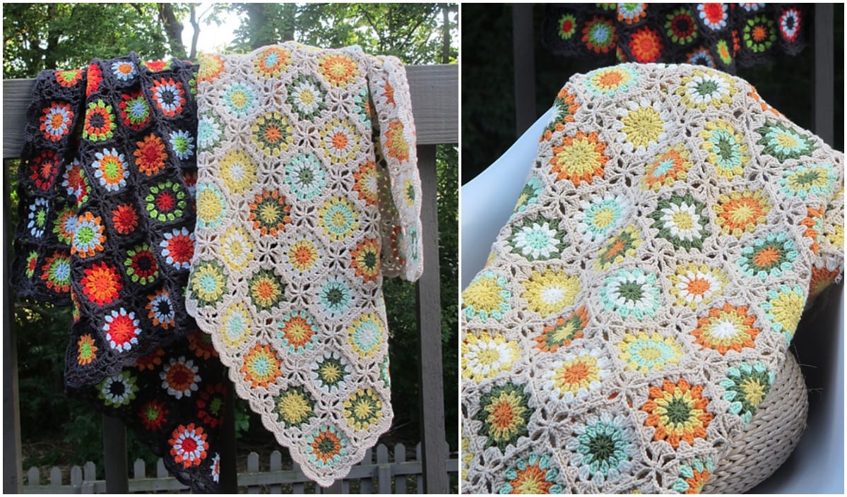 Displayed outdoors, two crocheted blankets showcase colorful, floral hexagonal patterns reminiscent of a Flower Garden Blanket. These intricate designs hint at the creativity found in free crochet patterns, beautifully draped over the surface.