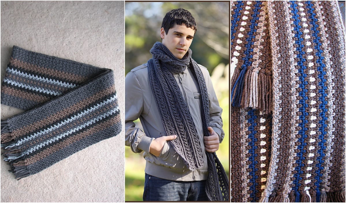 Three-panel image: Left, a striped knitted scarf. Center, a gentleman wearing a similar scarf. Right, close-up of another striped scarf with tassels and intricate crochet patterns.