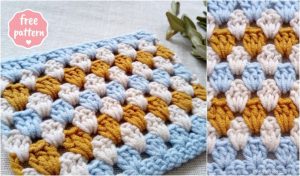 Crochet a cozy baby blanket with this pattern, featuring alternating rows of blue, white, and mustard yarn. The tag in the top left corner reads "free pattern" for easy access to free crochet patterns. Close-up view on the right highlights detailed stitches.