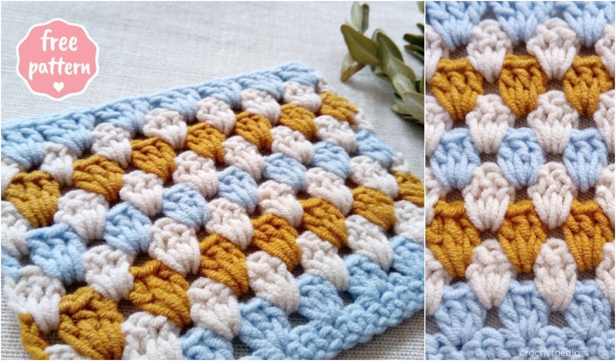 Crochet a cozy baby blanket with this pattern, featuring alternating rows of blue, white, and mustard yarn. The tag in the top left corner reads "free pattern" for easy access to free crochet patterns. Close-up view on the right highlights detailed stitches.