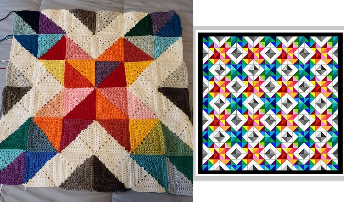 A crocheted blanket with colorful geometric squares on the left is shown next to a similar multicolored geometric pattern design on the right. Discover free crochet patterns to create your own mosaic masterpiece, perfect for any season, like a cozy fall blanket CAL.