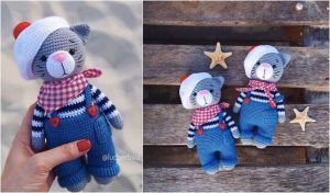 Crocheted gray cat dolls don blue overalls, red-and-white checkered scarves, and white sailor hats with red pom-poms. Perfect for fans of unique crochet patterns, one nestles in hand while two sit charmingly beside starfish.