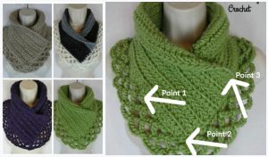Five crocheted neck warmers in various colors and styles, featuring close-up views that highlight stitch details with three points labeled. Perfect for those seeking inspiration, these designs add charm to your wardrobe. Explore free crochet patterns to craft your own cozy cowl or neck warmer.