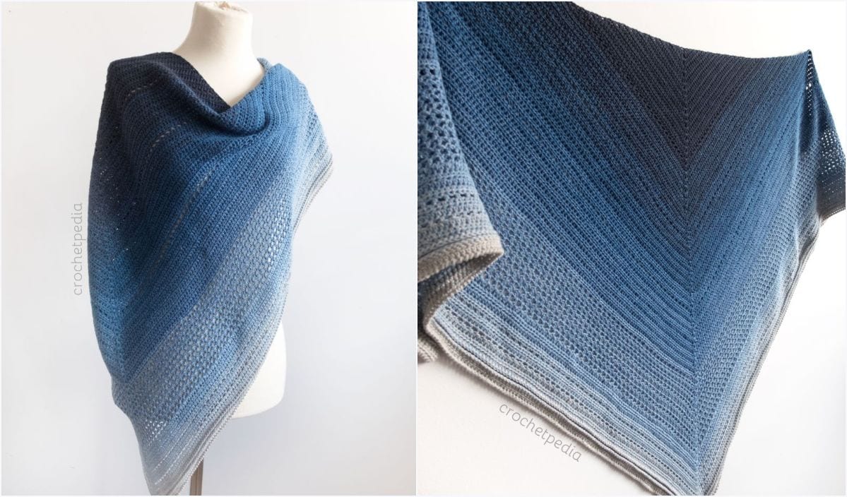 A blue gradient crochet shawl displayed on a mannequin and laid flat, showcasing its detailed texture and craftsmanship, reminiscent of intricate crochet patterns.