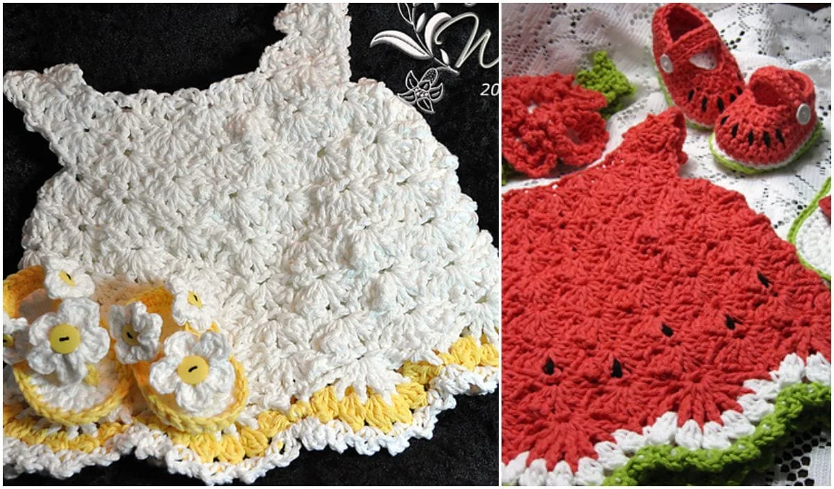 Two crocheted baby outfits: one white with yellow shoes and the other red with matching accessories, all beautifully displayed on a patterned fabric background. Discover the charm of these creations with our free crochet pattern for adorable baby dresses.