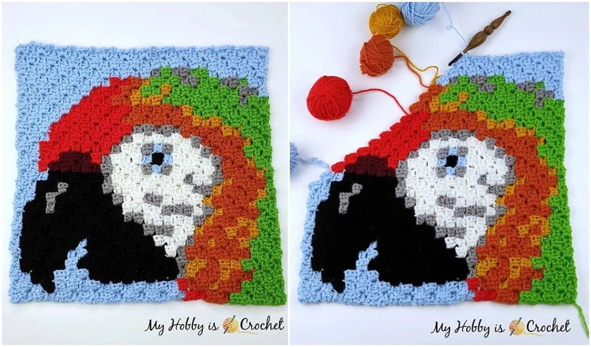 Decorative crochet square depicting a colorful parrot, complete with yarn balls and a crochet hook nearby. The left image shows the finished piece; the right showcases a partially completed masterpiece. Discover free crochet patterns to transform this into a stunning C2C pillow!