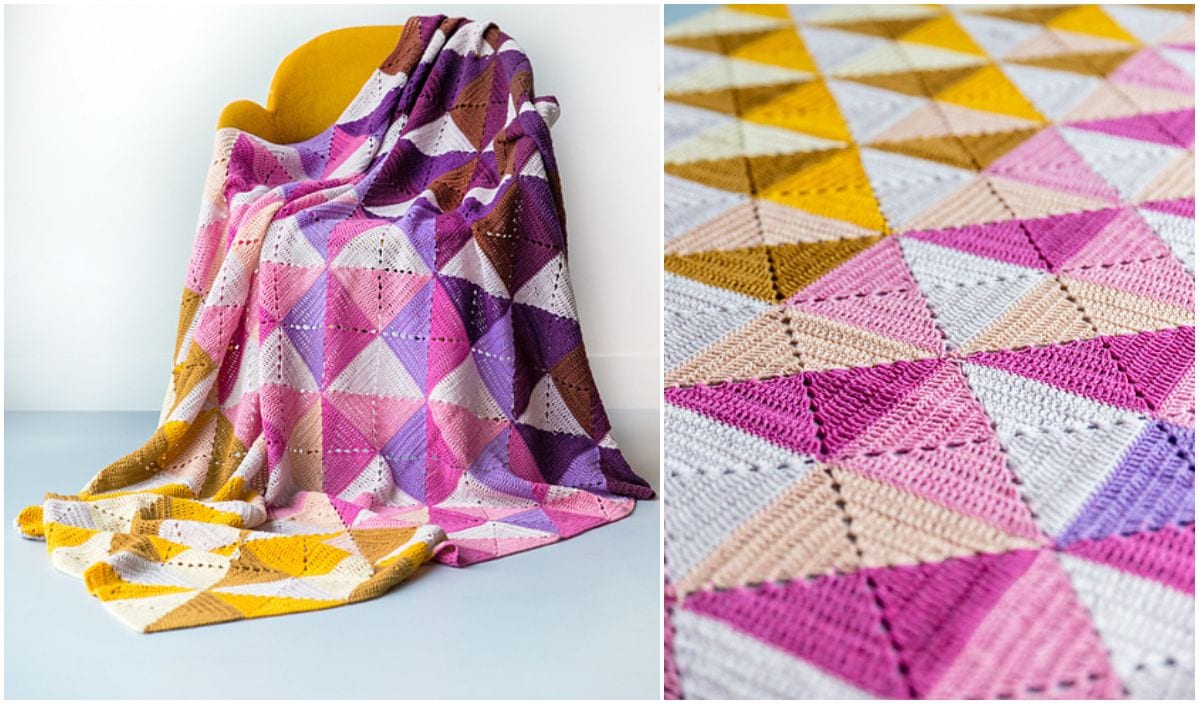 A vibrant crochet square blanket featuring a geometric triangle pattern in shades of pink, purple, yellow, and white is elegantly draped over a mustard yellow chair. A close-up on the right reveals intricate details inspired by free crochet patterns.