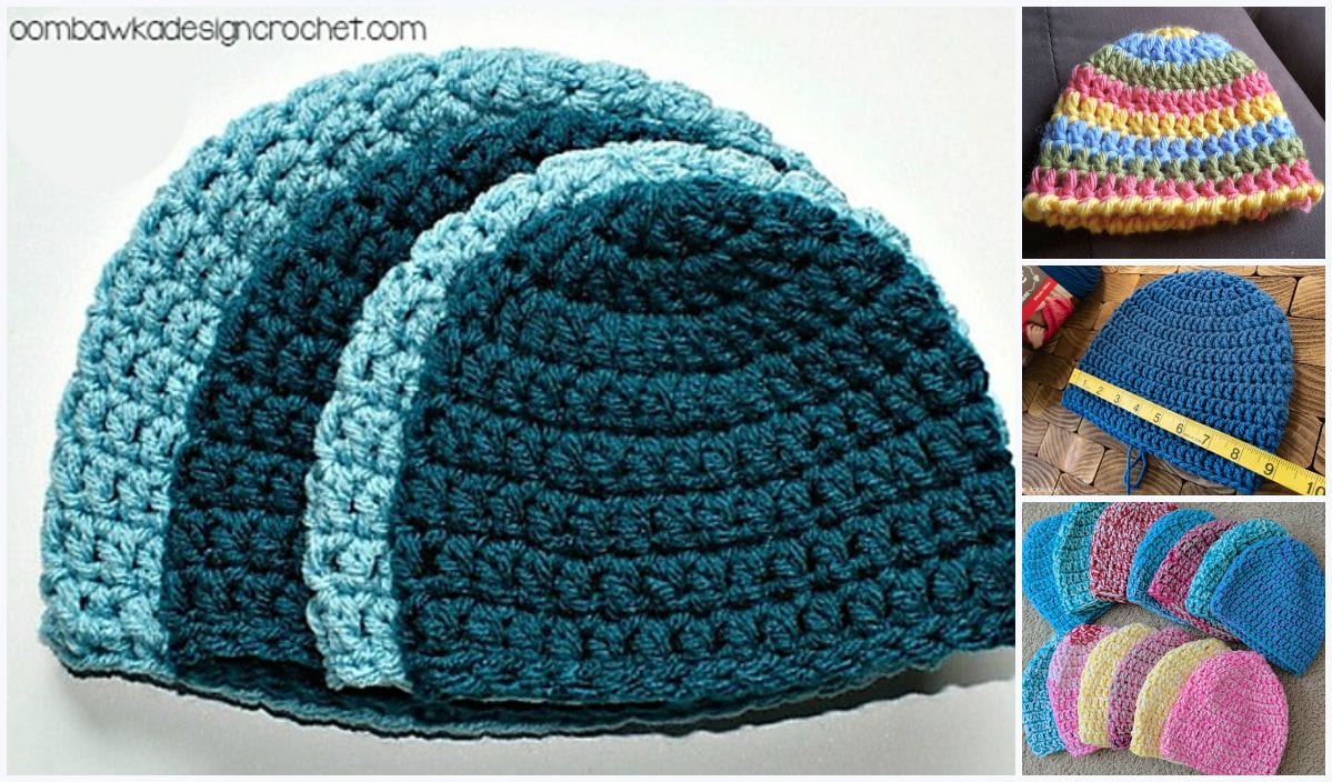 Collage of crocheted hats: two blue hats on the left, and three smaller images of colorful hats on the right, showcasing unique crochet patterns.