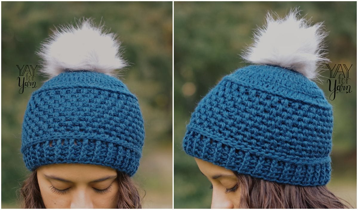 Two images showcase a person wearing a Puff Stitch Hat, featuring a blue crocheted design with a white fluffy pom-pom, viewed from different angles.