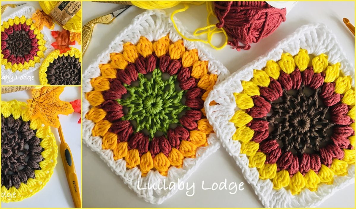 Discover two crocheted squares with sunflower designs in cheerful yellow, warm brown, and vibrant green hues, surrounded by yarn, hooks, and autumn leaves. Perfect for your next Sunflower Square Afghan Block project using free crochet patterns.