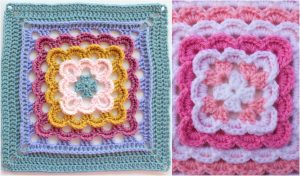 Two crocheted granny squares: one with teal, purple, yellow, and pink layers, and the other with shades of pink and white. Crafted using soft yarn, these vibrant squares are perfect for any free crochet pattern project.
