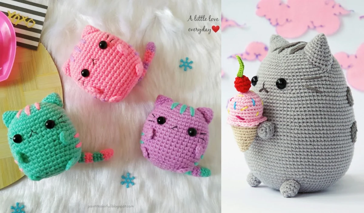 A delightful display features three small crocheted cat toys in pink, green, and purple on the left; a larger gray Crochet Pusheen Cat holding an ice cream cone graces the right.