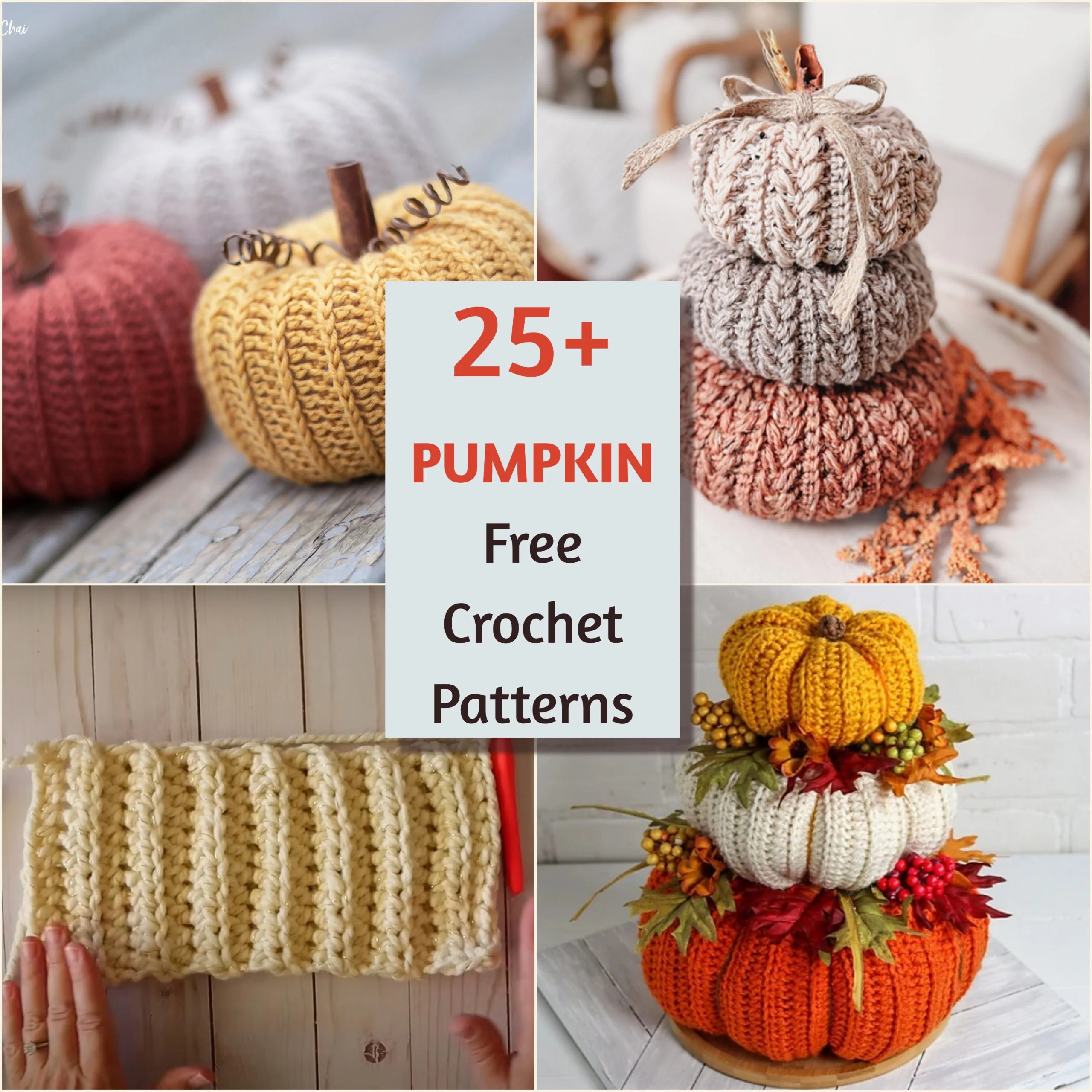 Collage of crochet pumpkins and a textured crochet piece, featuring the text "25+ Free Crochet Pumpkin Patterns.