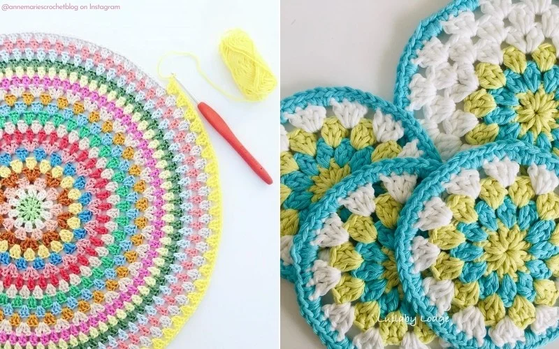 Colorful crochet projects are shown, highlighting amazing crochet patterns. The left side displays a multicolored circular piece in progress with a hook and yarn, while the right side features three finished round pieces in blue, white, and yellow.