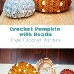 Crocheted pumpkins with beads in various colors are artfully displayed on a wooden surface, alongside bowls of beads and a crochet pumpkin pattern.
