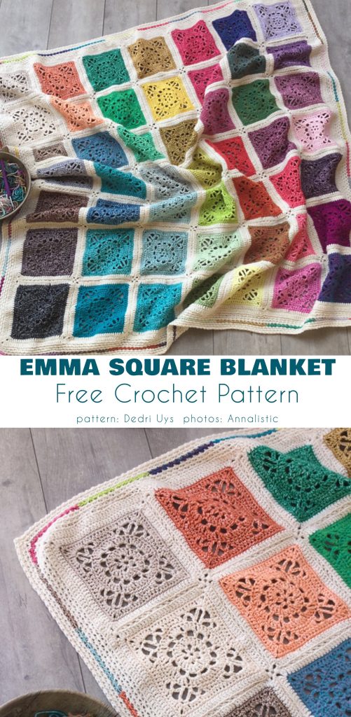 A beautiful square blanket featuring colorful crochet motifs with intricate patterns, bordered in white, is displayed on a wooden surface. Text reads: "EMMA SQUARE BLANKET Free Crochet Pattern.