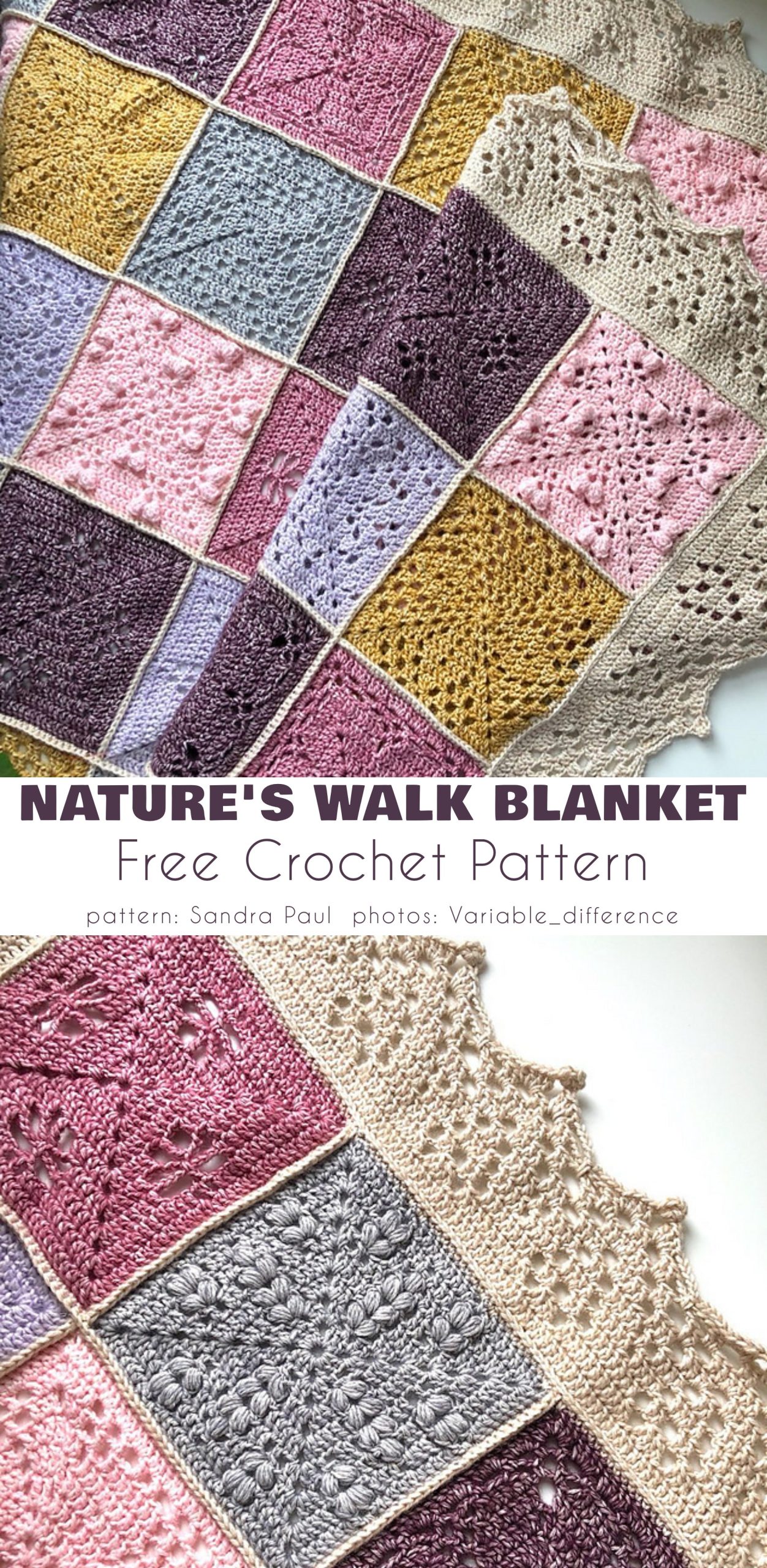 A beautiful square blanket, crocheted with colorful motifs in pink, purple, yellow, and beige tones, joined together and finished with a decorative lacy border.