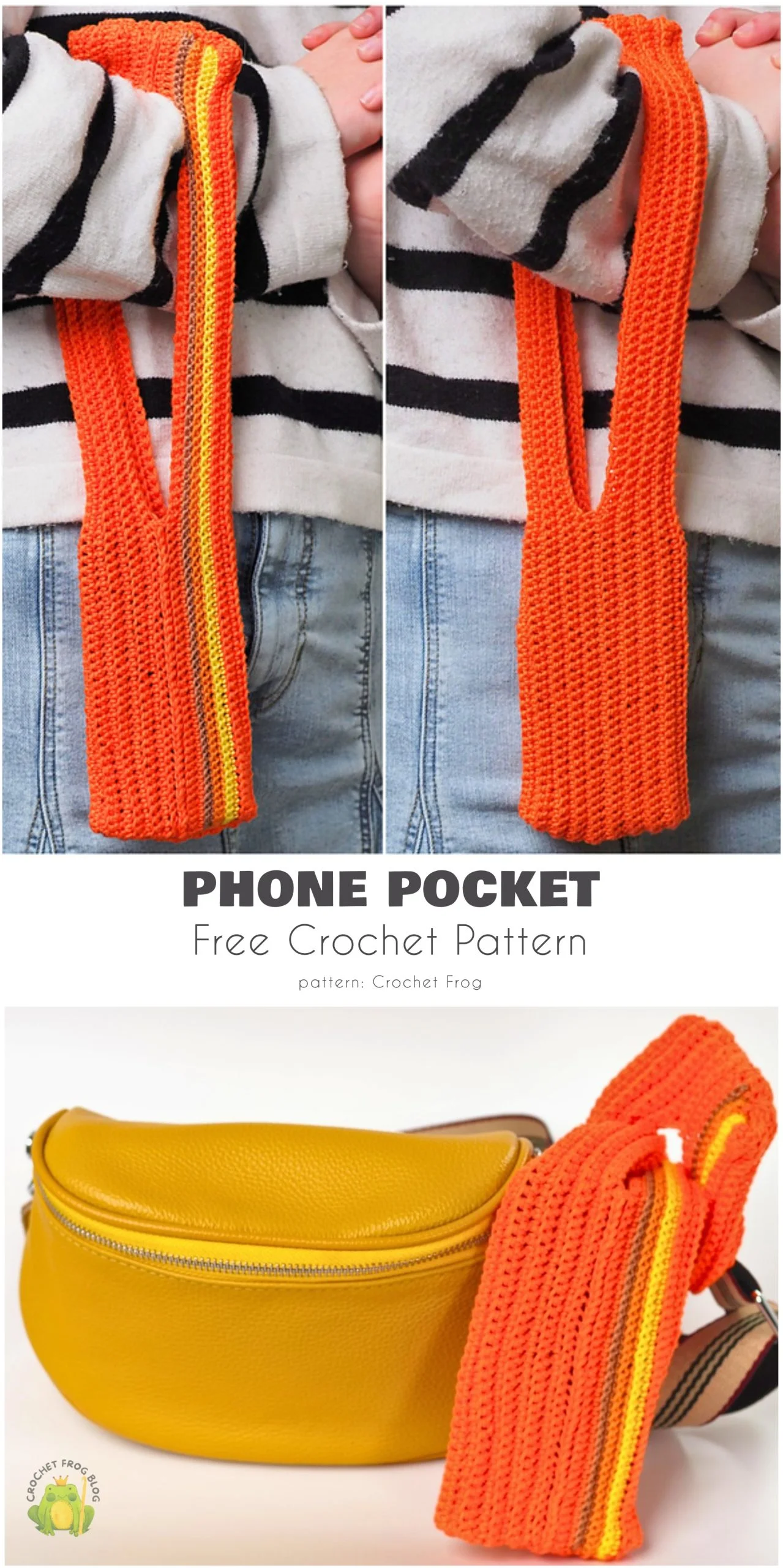 Bright orange crocheted phone case pocket with a yellow stripe, shown worn over the shoulder and placed next to a yellow bag.