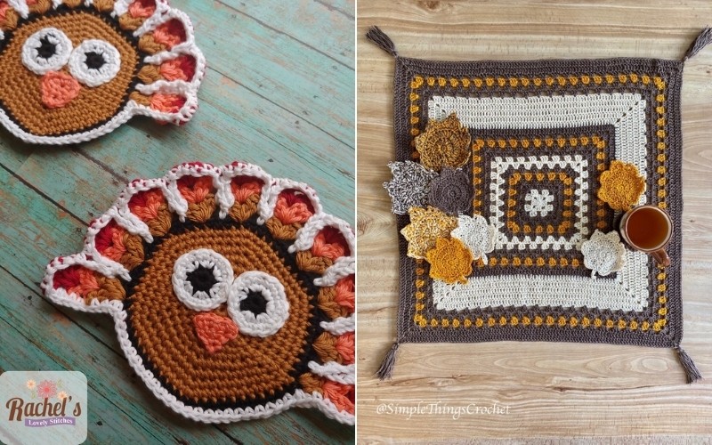 Thanksgiving-themed crocheted turkey coasters grace the left while on the right, a beautifully crocheted autumn table mat cradles a cup of tea.