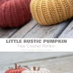 Four crochet pumpkins in various colors and sizes are displayed on a wooden surface, adding a cozy touch to any autumn decor.