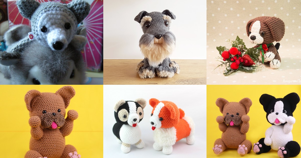 A collage of six crocheted animals, featuring pure breed dogs, wolves, and penguins in various poses and colors against different backgrounds.