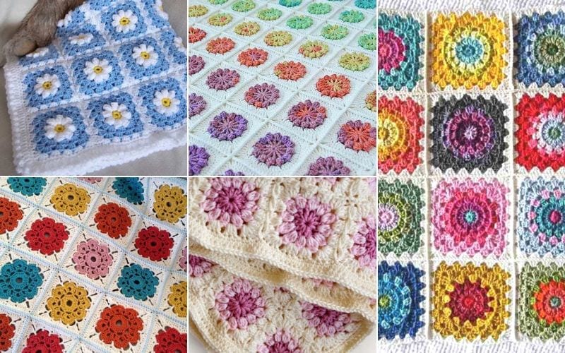 A collage of the sweetest crochet patterns, featuring square designs with varying colors and floral or circular motifs, alongside whimsical amigurumi creations.