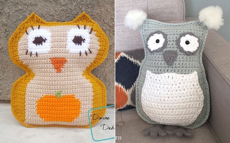 Two crocheted owl cushions: one with an orange pumpkin design, the other gray with fluffy ear tufts, placed on a couch.