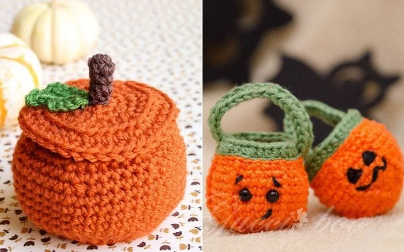 Discover adorable pumpkin-themed storage ideas with our crocheted collection: a charming pumpkin-shaped container with a lid and two cute pumpkin baskets, each adorned with delightful faces. Perfect for adding a touch of whimsy to your organization needs!