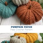 A collection of crocheted pumpkins in various colors, including orange, green, teal, and beige, displayed on a surface. Text reads: 
