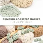 Crocheted pumpkin-shaped coasters in various colors come with matching leaves and are crafted using a delightful crochet pumpkin pattern, accompanied by yarn balls.