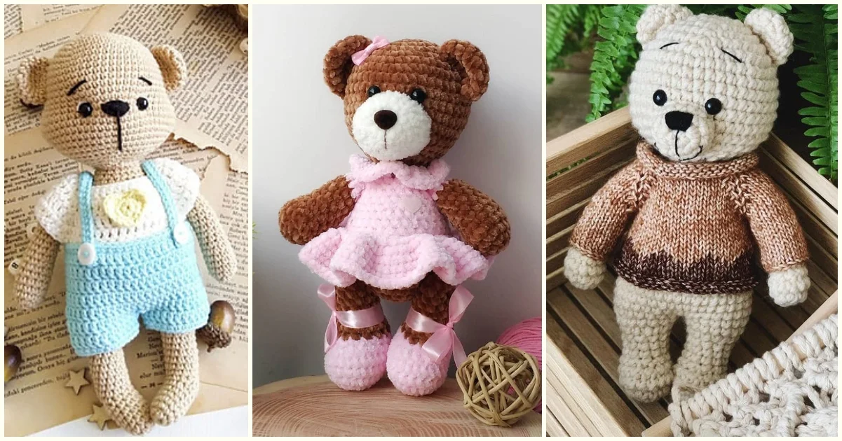 Three charming amigurumi bears grace the scene: one in blue overalls, another in a pink dress with ballet shoes, and the third snug in a brown sweater. These delightful creations showcase exquisite crochet patterns.