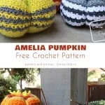 Displayed on a wooden surface, these crocheted pumpkins feature an array of colors and stripes, complete with sticks as stems. Each is crafted using a unique crochet pumpkin pattern that highlights the artistry behind these charming fall decorations.