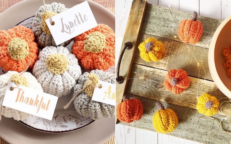 Two images of crochet decor featuring pumpkins in vibrant colors. The left image showcases pumpkins with name tags, while the right displays them elegantly arranged on a wooden tray adorned with fairy lights.