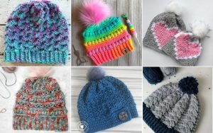 A collage of five crocheted beanies in various colors and patterns, each topped with a pom-pom, showcases the sweetest touch of creativity, reminiscent of charming amigurumi owls.