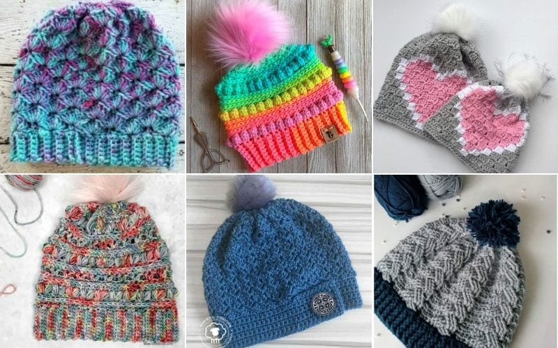 A collage of five crocheted beanies in various colors and patterns, each topped with a pom-pom, showcases the sweetest touch of creativity, reminiscent of charming amigurumi owls.