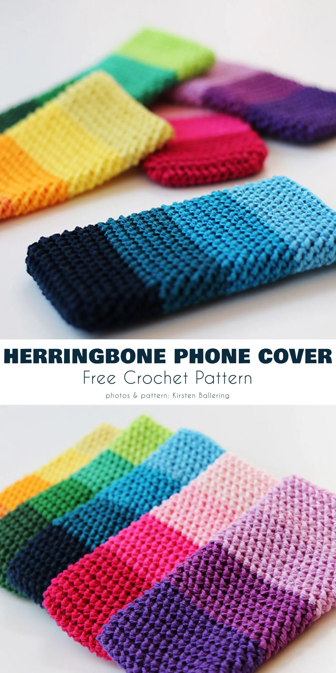 Colorful crocheted phone cases arranged on a white surface; each case features a gradient or solid color, showcasing a striking herringbone stitch pattern.