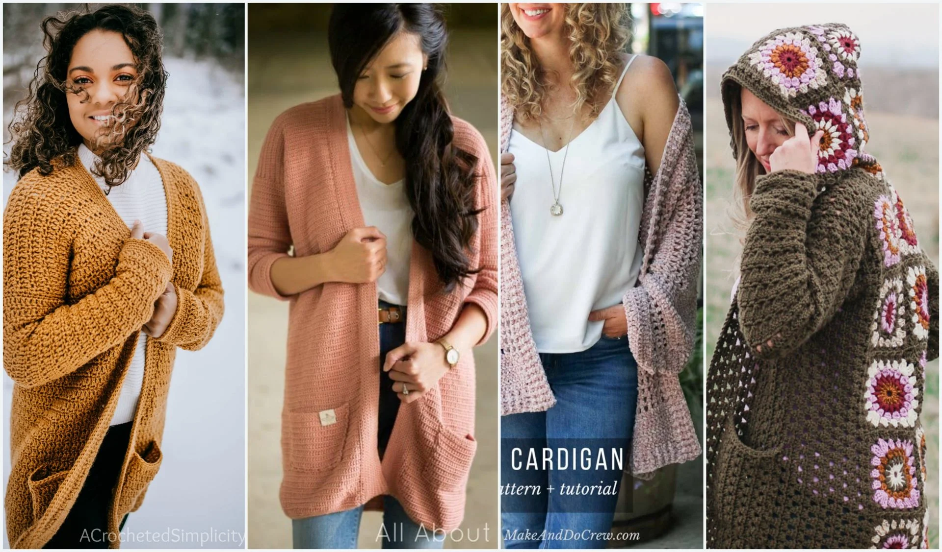 Four women stand outdoors, showcasing different styles of crocheted cardigans in vibrant colors. Among them is an elegant longer cardigan, beautifully crafted with a unique crochet pattern that adds charm and sophistication to the scene.