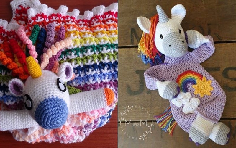 Two crochet unicorn-themed blankets: the left, inspired by vibrant crochet patterns, features a colorful mane and rainbow pattern; the right displays a unicorn with a rainbow and cloud on a purple outfit.