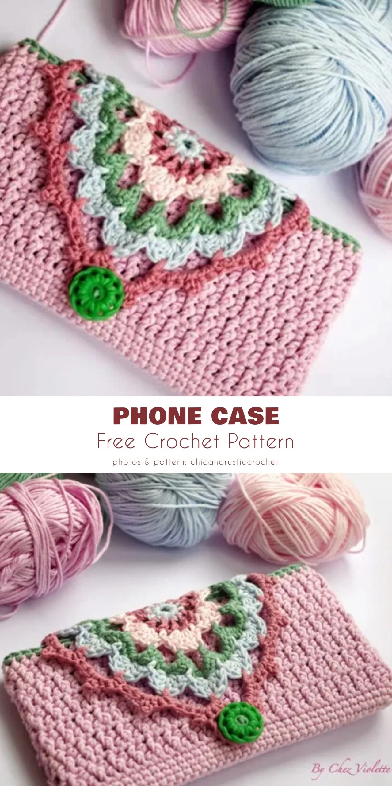Charming crocheted phone case in pink with a scalloped flap of green, white, and pink yarn, adorned with a green button, displayed next to matching balls of yarn for a coordinated touch.